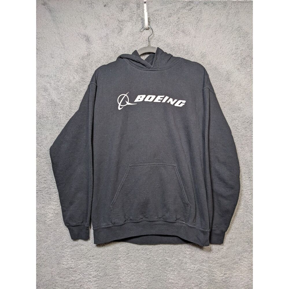 Boeing Men's White Logo US Aviation Jet Hooded Sweatshirt SZ M Black Preowned